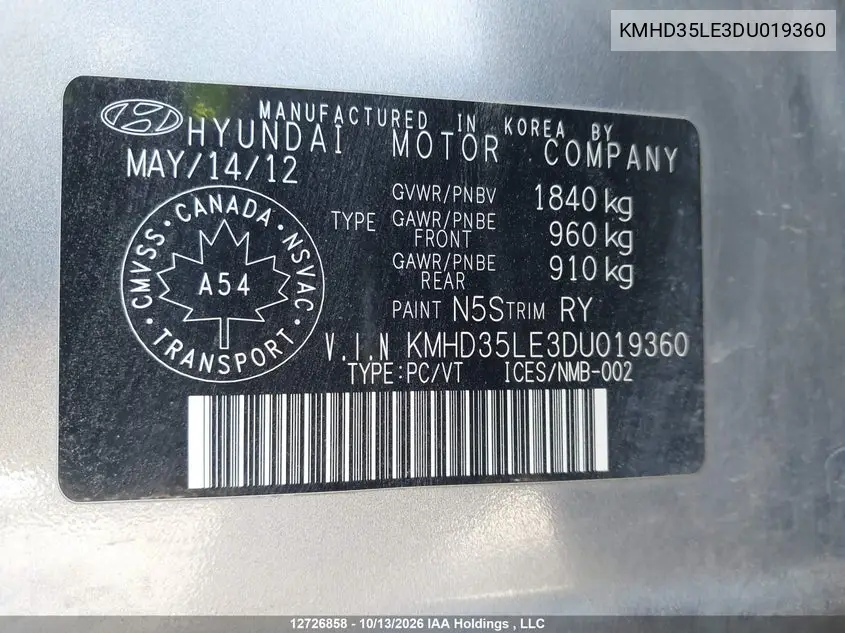 2013 HYUNDAI ELANTRA VIN KMHD35LE3DU019360 — фото 9