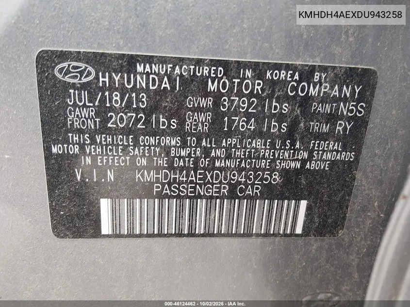 2013 HYUNDAI ELANTRA VIN KMHDH4AEXDU943258 — фото 9
