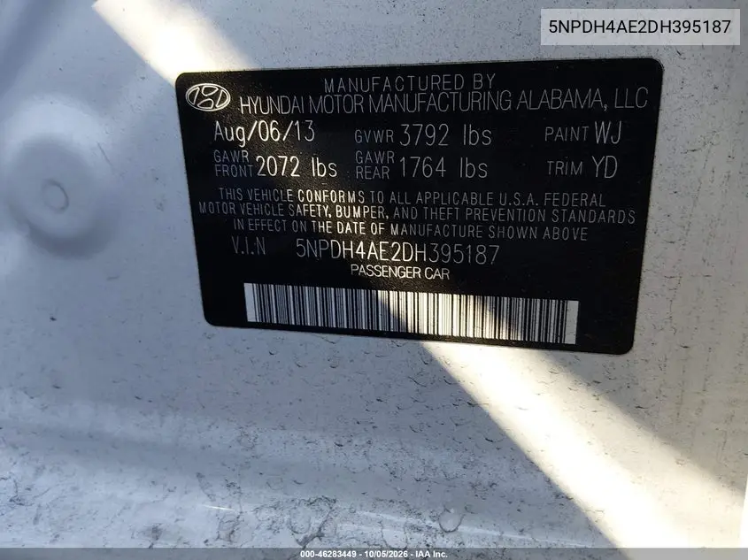 2013 HYUNDAI ELANTRA VIN 5NPDH4AE2DH395187 — фото 9