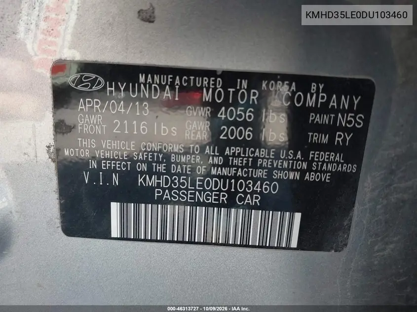 2013 HYUNDAI ELANTRA VIN KMHD35LE0DU103460 — фото 9