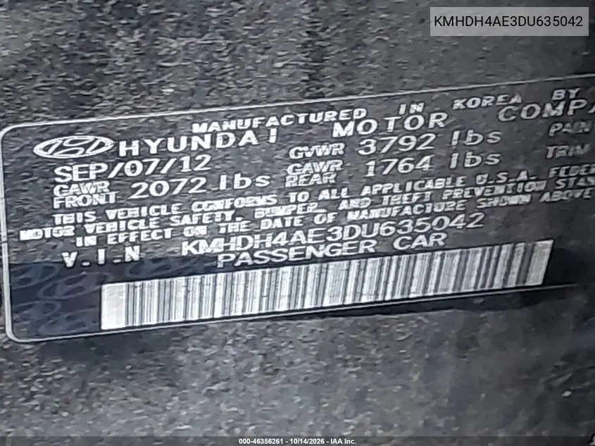 2013 HYUNDAI ELANTRA VIN KMHDH4AE3DU635042 — фото 9
