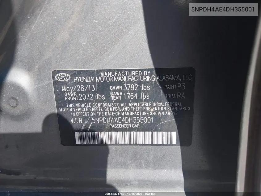2013 HYUNDAI ELANTRA VIN 5NPDH4AE4DH355001 — фото 9