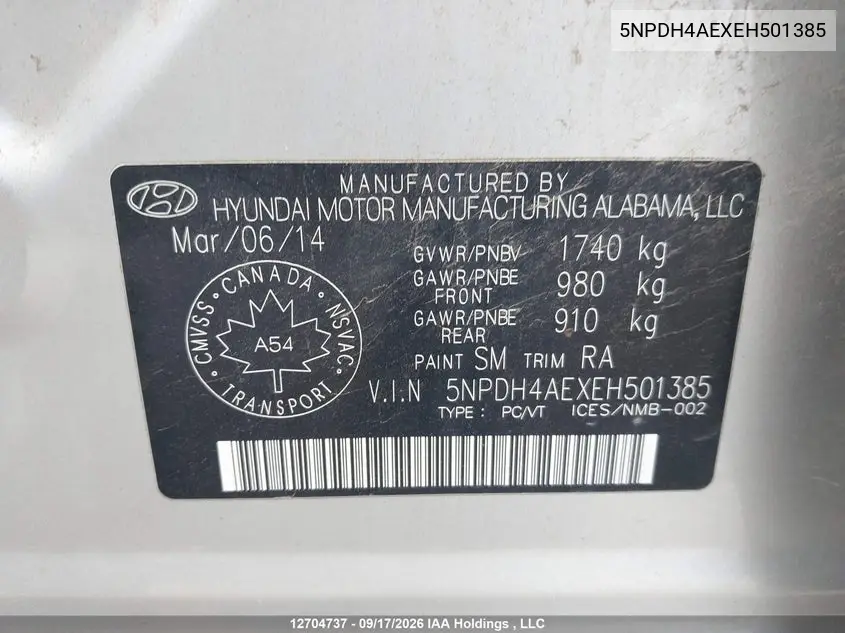 2014 HYUNDAI ELANTRA VIN 5NPDH4AEXEH501385 — фото 17