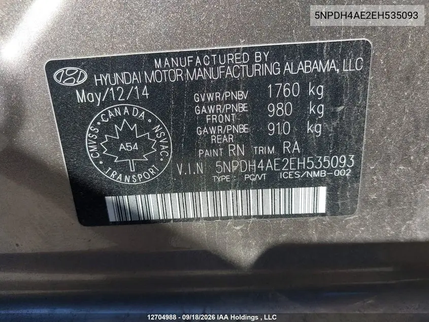 2014 HYUNDAI ELANTRA VIN 5NPDH4AE2EH535093 — фото 18