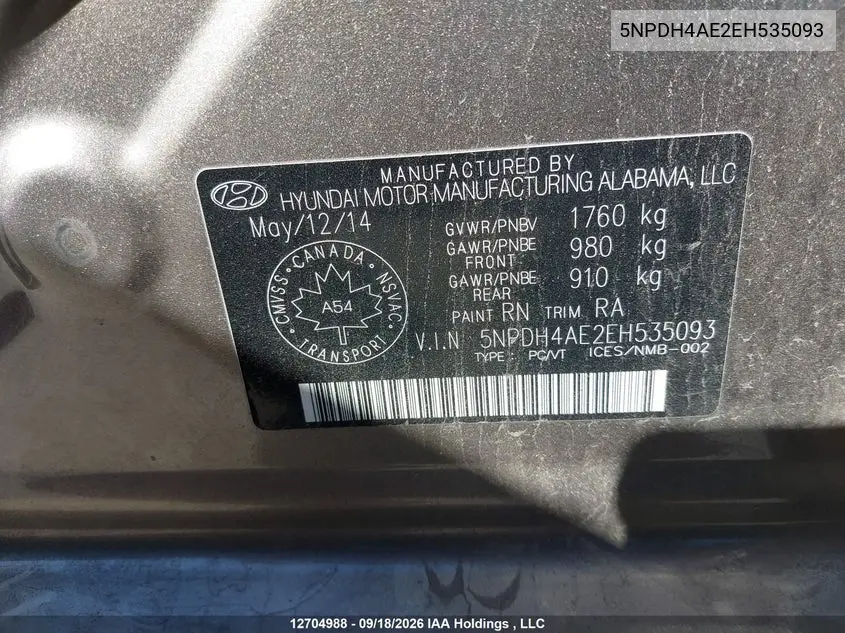 2014 HYUNDAI ELANTRA VIN 5NPDH4AE2EH535093 — фото 9