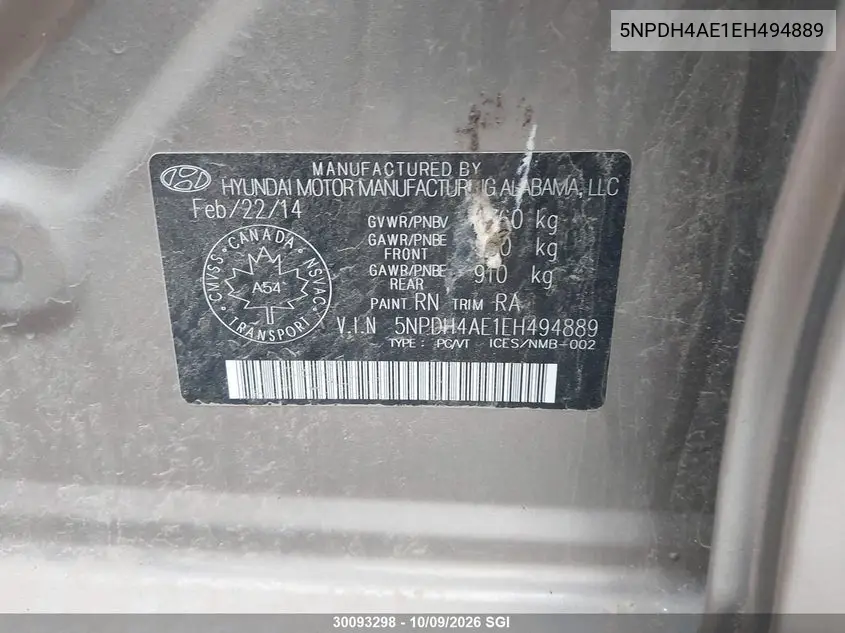 2014 HYUNDAI ELANTRA VIN 5NPDH4AE1EH494889 — фото 9
