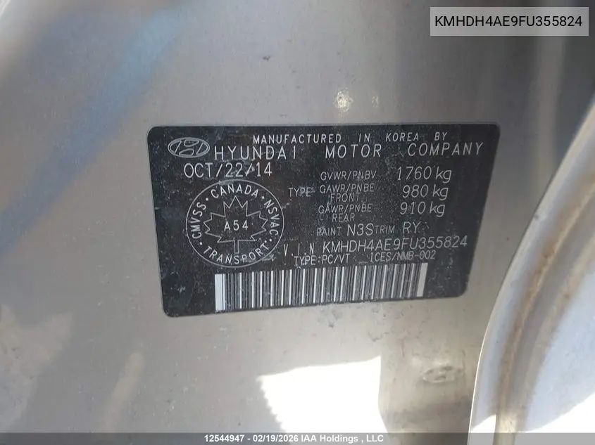 2015 HYUNDAI ELANTRA VIN KMHDH4AE9FU355824 — фото 9