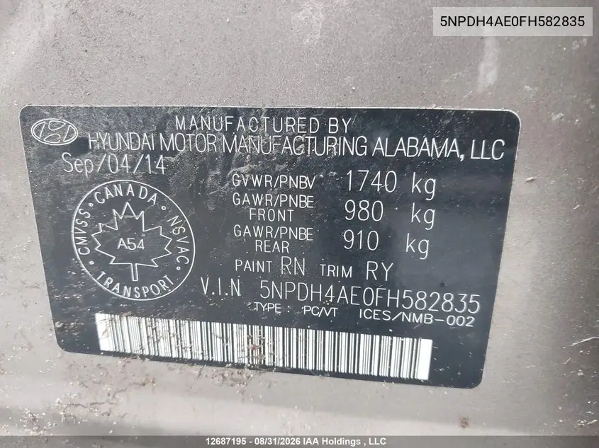 2015 HYUNDAI ELANTRA VIN 5NPDH4AE0FH582835 — фото 9