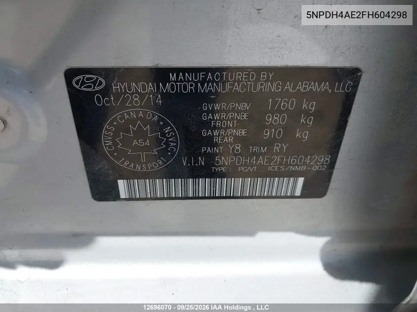 2015 HYUNDAI ELANTRA VIN 5NPDH4AE2FH604298 — фото 9