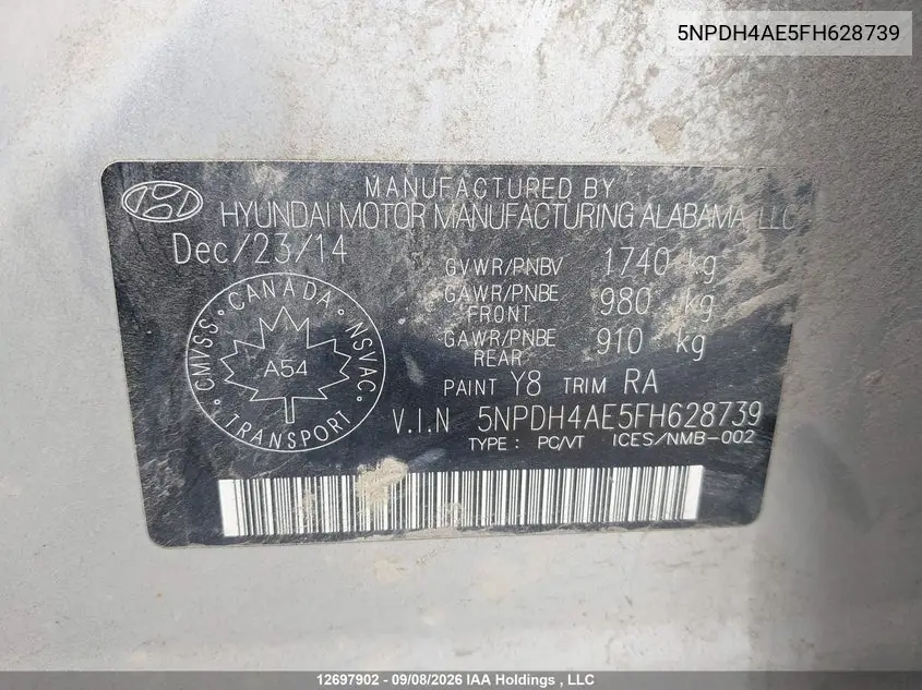 2015 HYUNDAI ELANTRA VIN 5NPDH4AE5FH628739 — фото 9