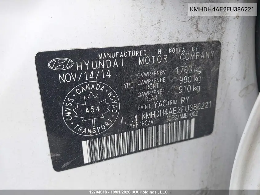 2015 HYUNDAI ELANTRA VIN KMHDH4AE2FU386221 — фото 9