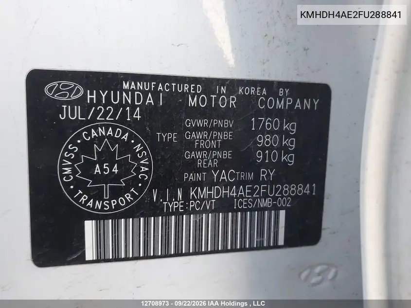 2015 HYUNDAI ELANTRA VIN KMHDH4AE2FU288841 — фото 21