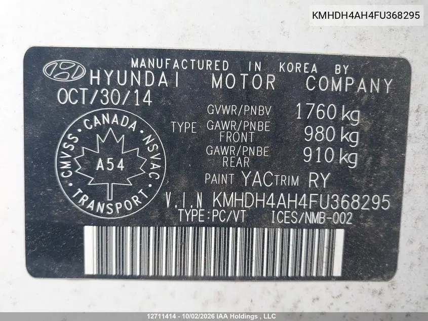 2015 HYUNDAI ELANTRA VIN KMHDH4AH4FU368295 — фото 9