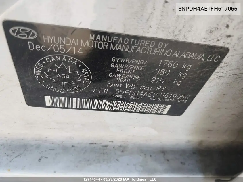 2015 HYUNDAI ELANTRA VIN 5NPDH4AE1FH619066 — фото 9