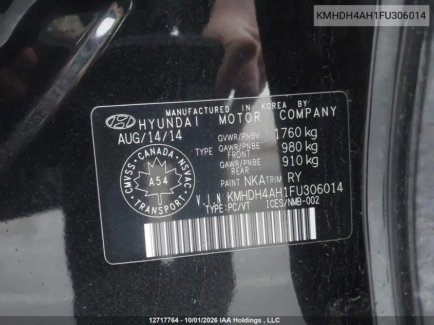 2015 HYUNDAI ELANTRA VIN KMHDH4AH1FU306014 — фото 9
