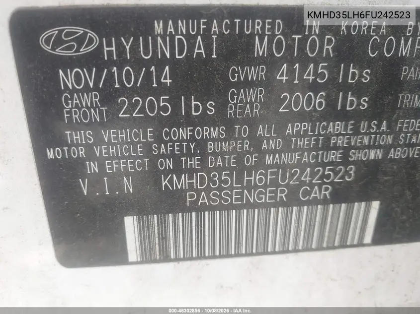 2015 HYUNDAI ELANTRA VIN KMHD35LH6FU242523 — фото 9