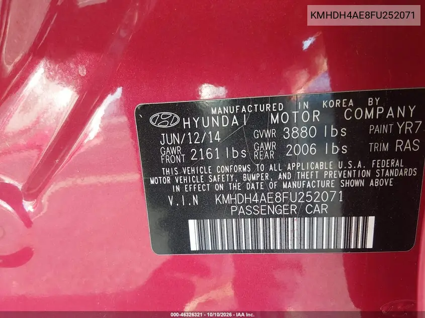 2015 HYUNDAI ELANTRA VIN KMHDH4AE8FU252071 — фото 9
