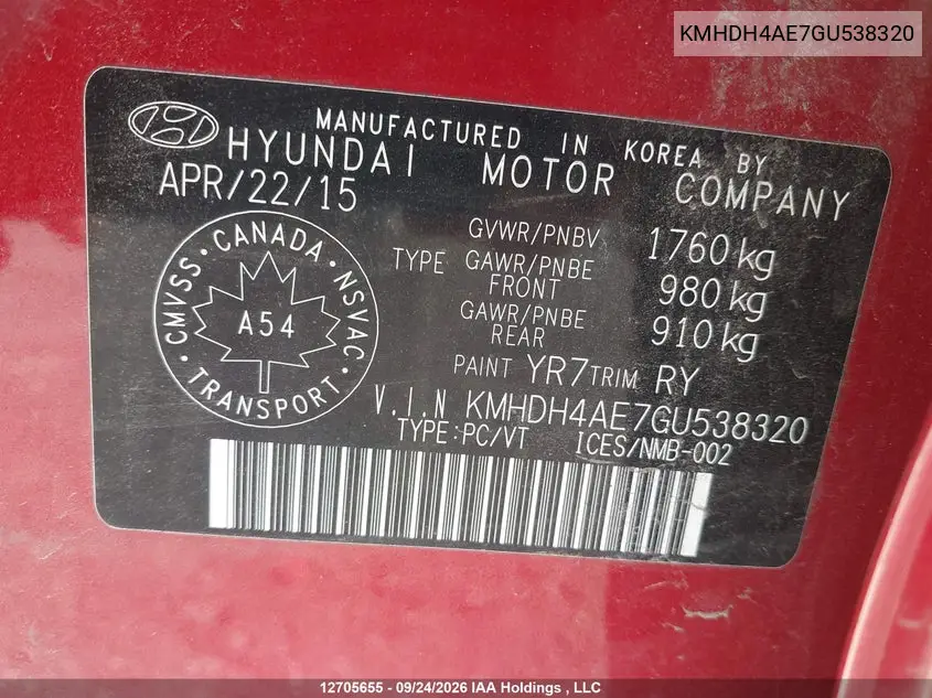 2016 HYUNDAI ELANTRA VIN KMHDH4AE7GU538320 — фото 9