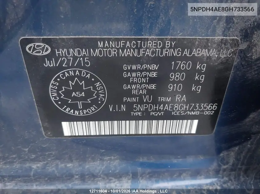 2016 HYUNDAI ELANTRA VIN 5NPDH4AE8GH733566 — фото 9