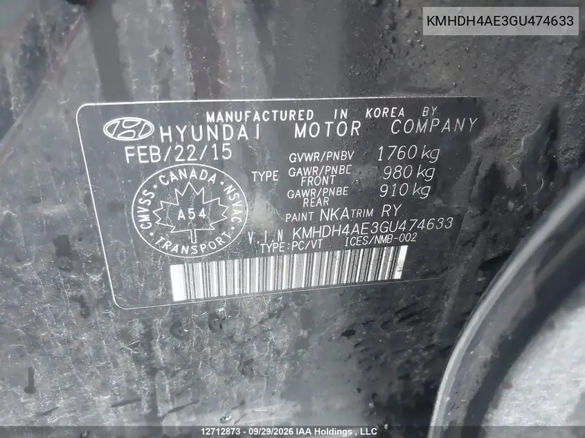 2016 HYUNDAI ELANTRA VIN KMHDH4AE3GU474633 — фото 9