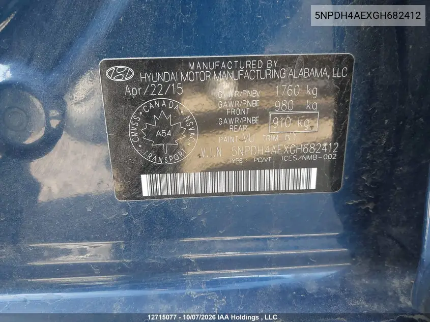 2016 HYUNDAI ELANTRA VIN 5NPDH4AEXGH682412 — фото 18