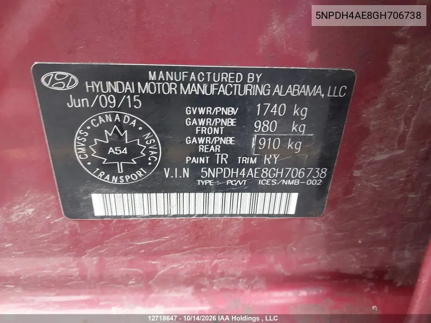 2016 HYUNDAI ELANTRA VIN 5NPDH4AE8GH706738 — фото 18
