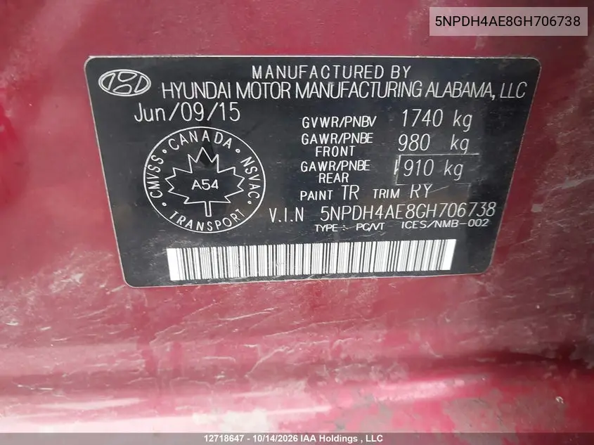 2016 HYUNDAI ELANTRA VIN 5NPDH4AE8GH706738 — фото 9