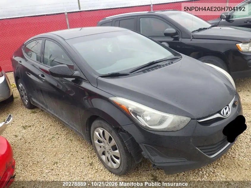 HYUNDAI ELANTRA 2016, VIN 5NPDH4AE2GH704192