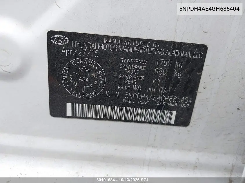 2016 HYUNDAI ELANTRA VIN 5NPDH4AE4GH685404 — фото 9
