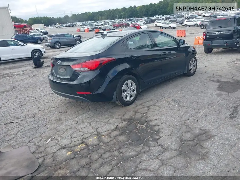 HYUNDAI ELANTRA 2016, VIN 5NPDH4AE7GH742646