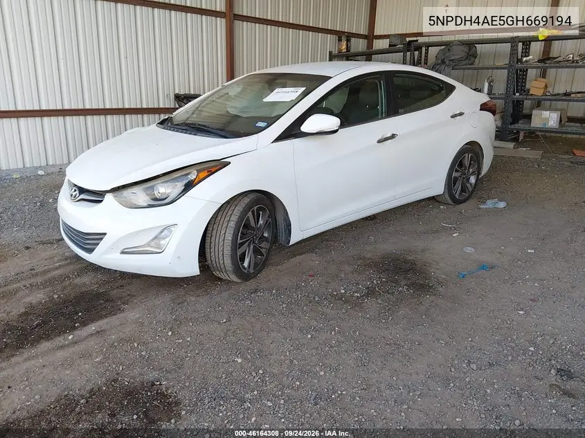 2016 HYUNDAI ELANTRA VIN 5NPDH4AE5GH669194 — фото 2