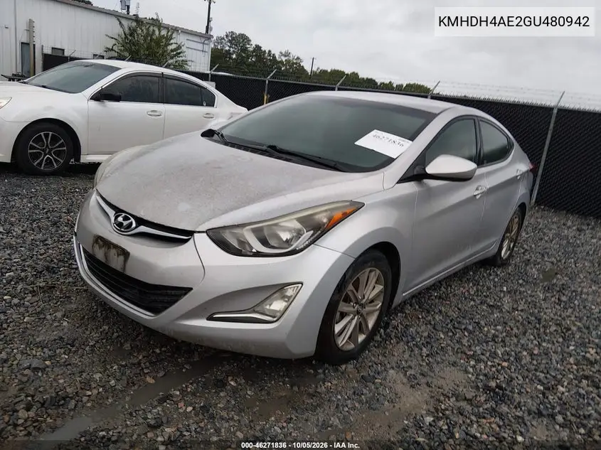 2016 HYUNDAI ELANTRA VIN KMHDH4AE2GU480942 — фото 2