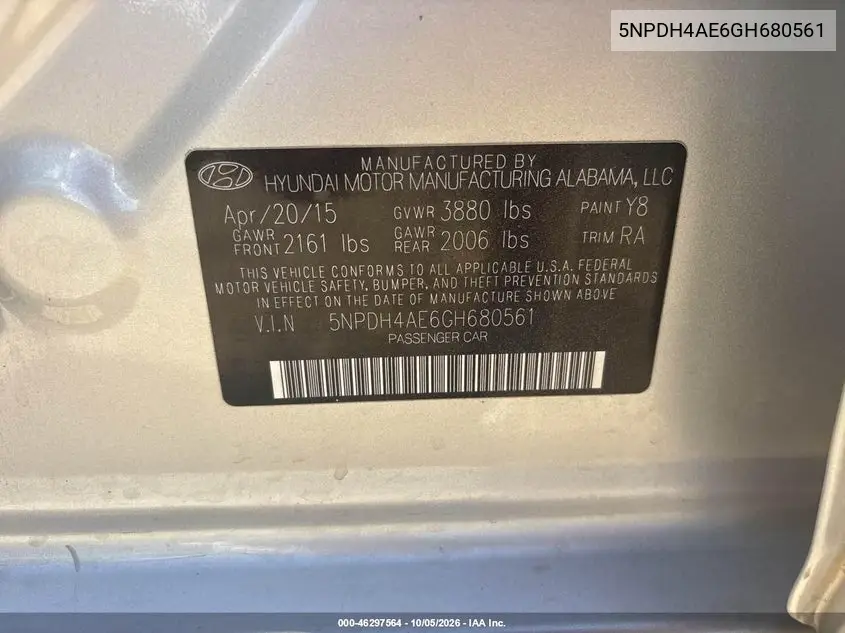 2016 HYUNDAI ELANTRA VIN 5NPDH4AE6GH680561 — фото 9