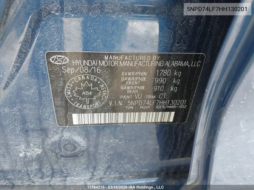 2017 HYUNDAI ELANTRA VIN 5NPD74LF7HH130201 — фото 9