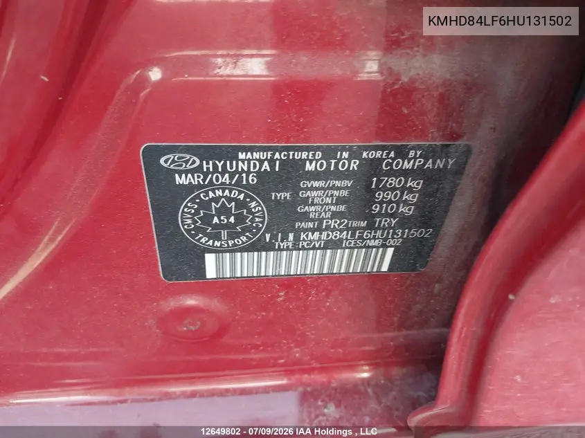 2017 HYUNDAI ELANTRA VIN KMHD84LF6HU131502 — фото 9