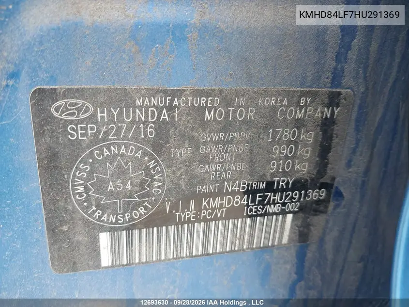 2017 HYUNDAI ELANTRA VIN KMHD84LF7HU291369 — фото 9