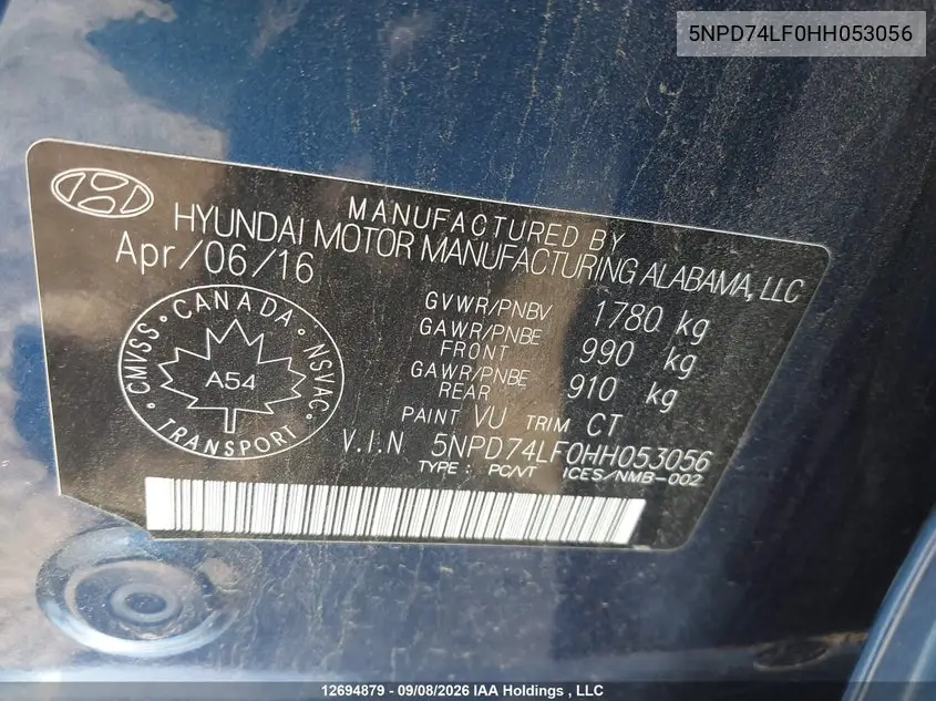 2017 HYUNDAI ELANTRA VIN 5NPD74LF0HH053056 — фото 9