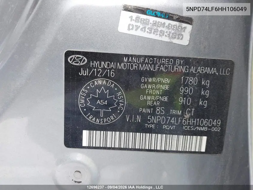 2017 HYUNDAI ELANTRA VIN 5NPD74LF6HH106049 — фото 19