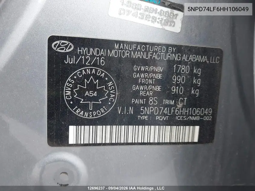 2017 HYUNDAI ELANTRA VIN 5NPD74LF6HH106049 — фото 9