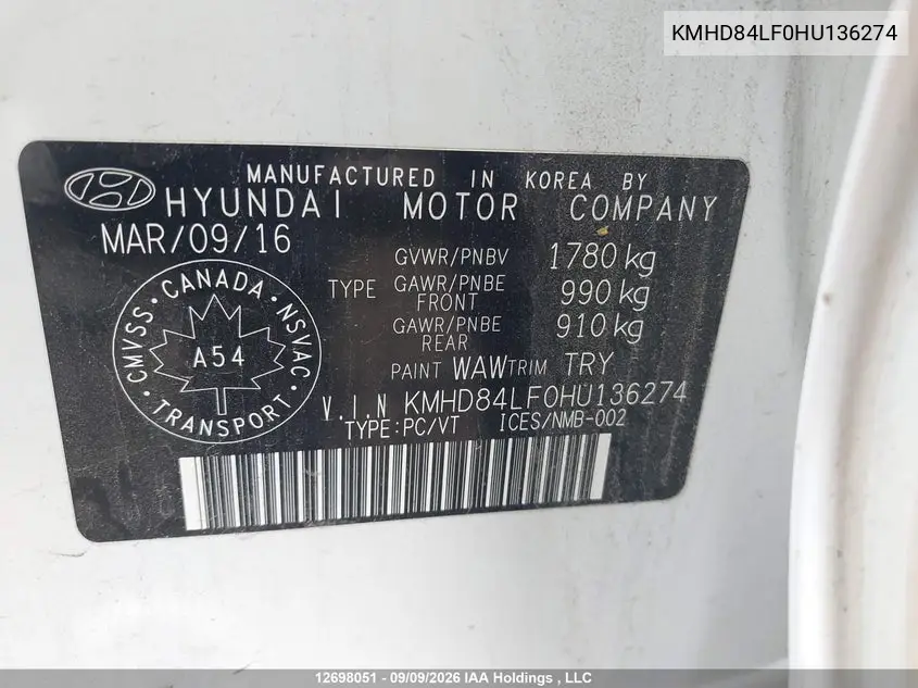 2017 HYUNDAI ELANTRA VIN KMHD84LF0HU136274 — фото 9