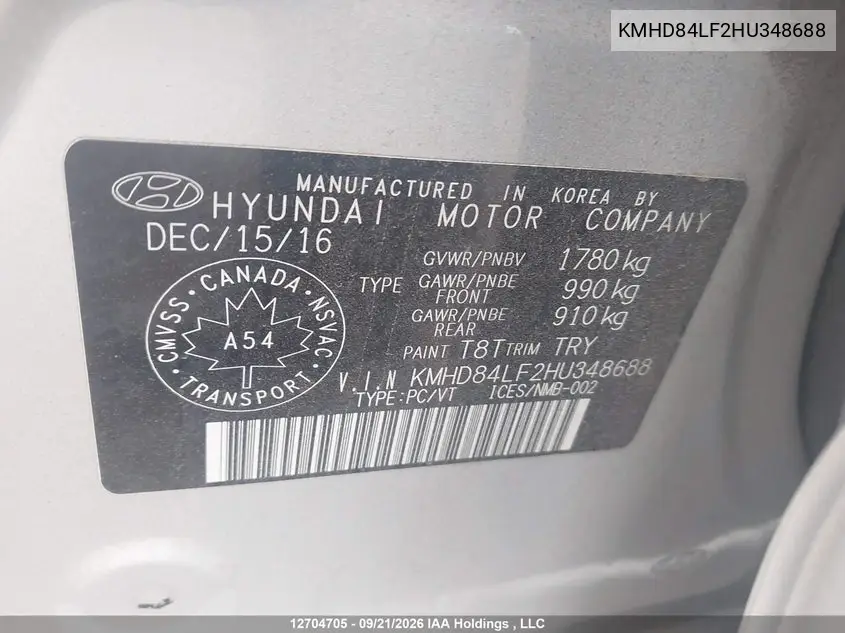 2017 HYUNDAI ELANTRA VIN KMHD84LF2HU348688 — фото 9