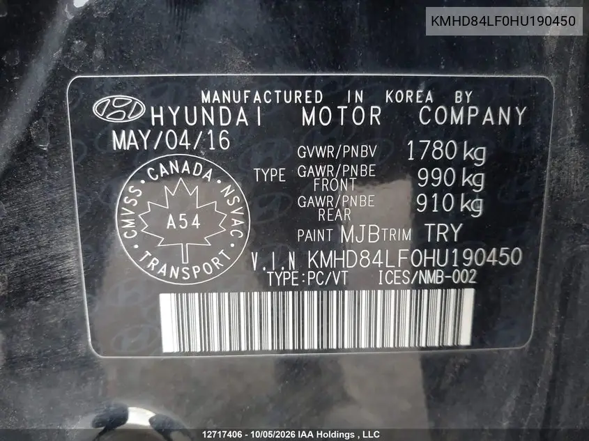 2017 HYUNDAI ELANTRA VIN KMHD84LF0HU190450 — фото 9