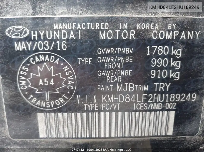 2017 HYUNDAI ELANTRA VIN KMHD84LF2HU189249 — фото 9