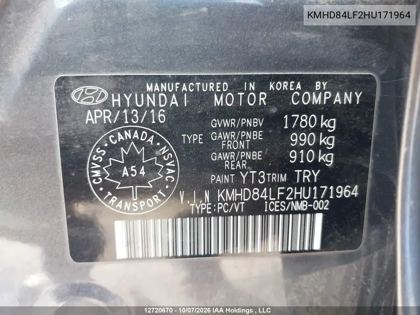 2017 HYUNDAI ELANTRA VIN KMHD84LF2HU171964 — фото 9