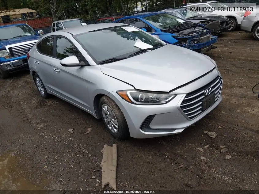 HYUNDAI ELANTRA 2017, VIN KMHD74LF3HU118953