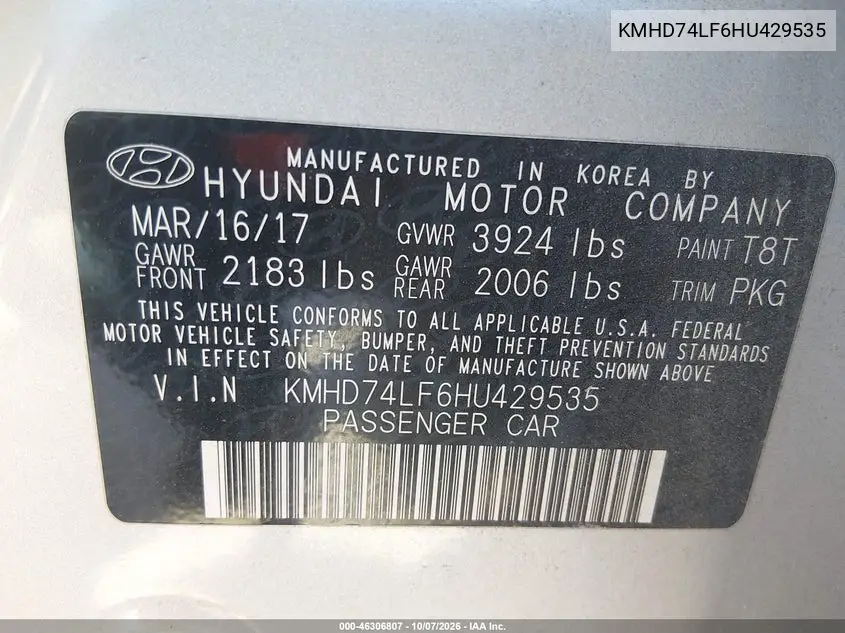 2017 HYUNDAI ELANTRA VIN KMHD74LF6HU429535 — фото 9