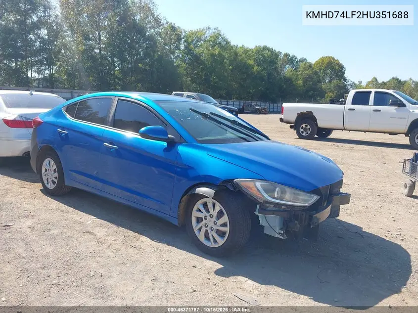 HYUNDAI ELANTRA 2017, VIN KMHD74LF2HU351688
