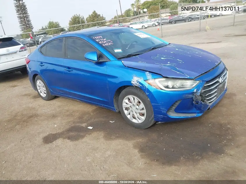 HYUNDAI ELANTRA 2017, VIN 5NPD74LF4HH137011