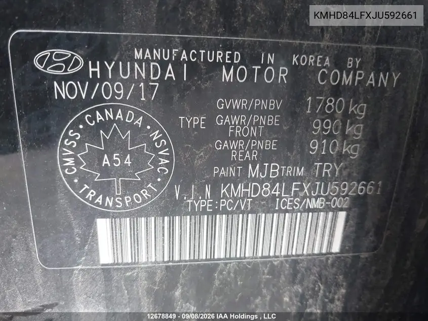 2018 HYUNDAI ELANTRA VIN KMHD84LFXJU592661 — фото 9