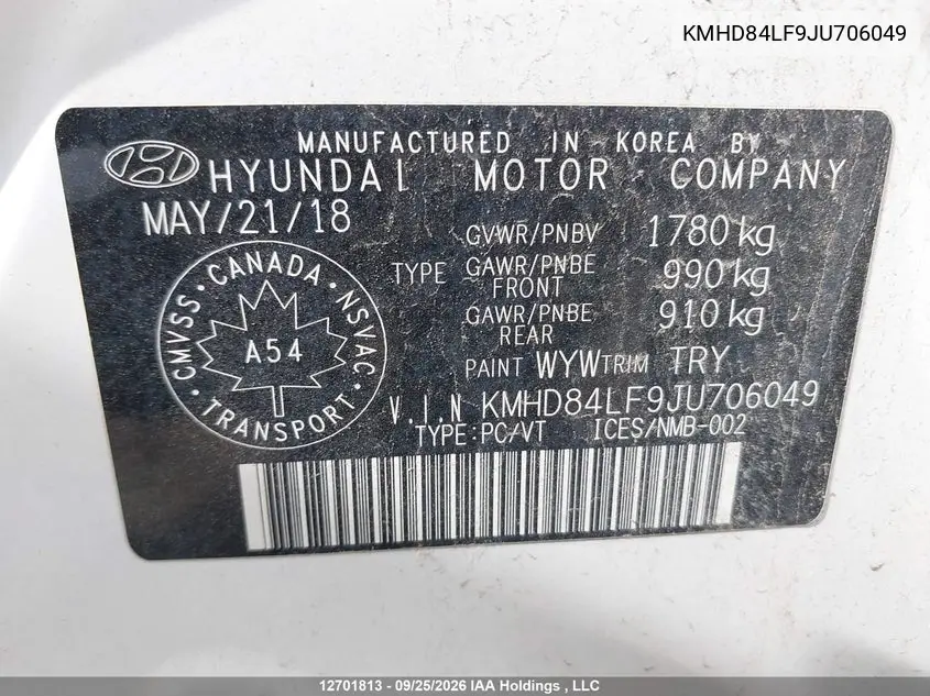 2018 HYUNDAI ELANTRA VIN KMHD84LF9JU706049 — фото 9